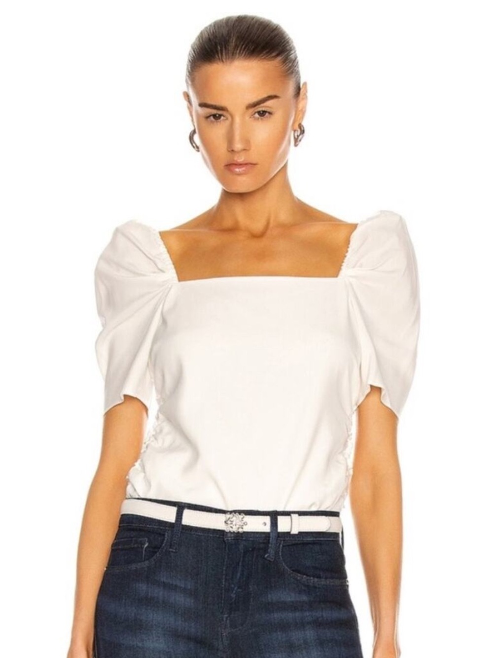 Frame Silk Betty Top Size Medium Puffed Sleeve Quiet Luxury Off White Boho Chic
